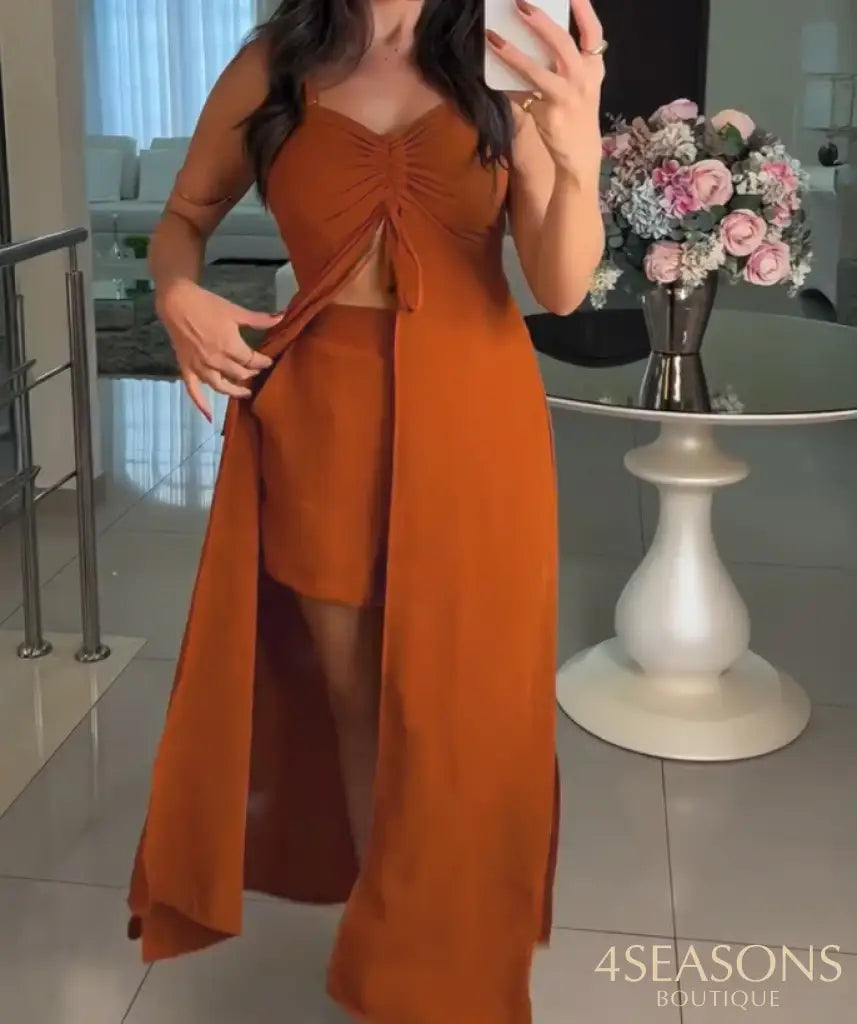 Fashion Summer Women’s 2 Pieces Outfit V Neck Sleeveless Shirred Drawstring Slit Top and Casual Elastic Waist Shorts Set