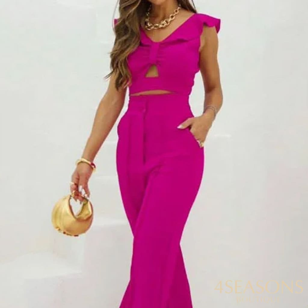 Wefads Women Two Piece Set Summer Fashion Solid Butterfly Sleeve Cutout V Neck Top Straight Long