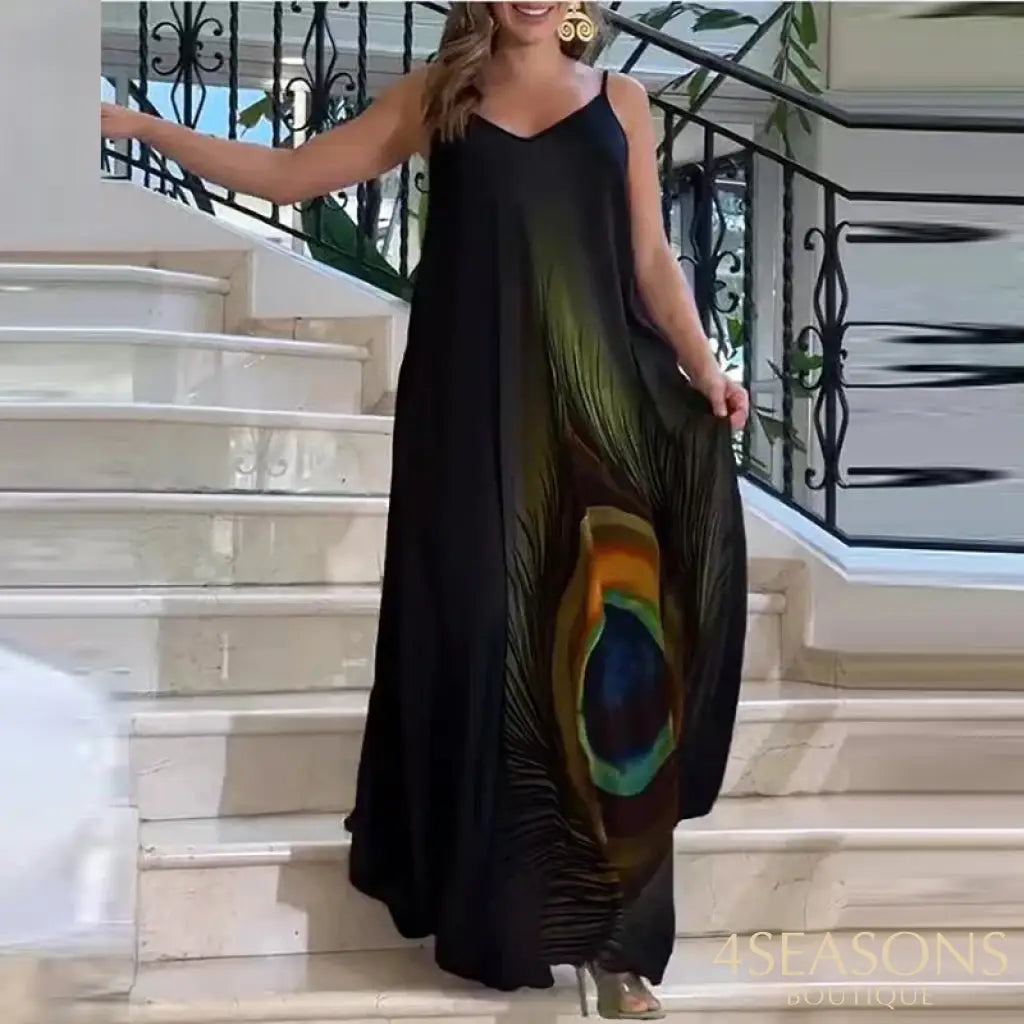 Sexy Suspender Sleeveless Printed Long Dress Lady Elegant Loose Commuting Vestidos Dress Summer New Vintage Pleated