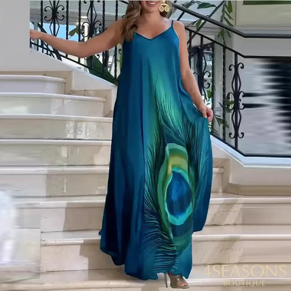 Sexy Suspender Sleeveless Printed Long Dress Lady Elegant Loose Commuting Vestidos Dress Summer New Vintage Pleated