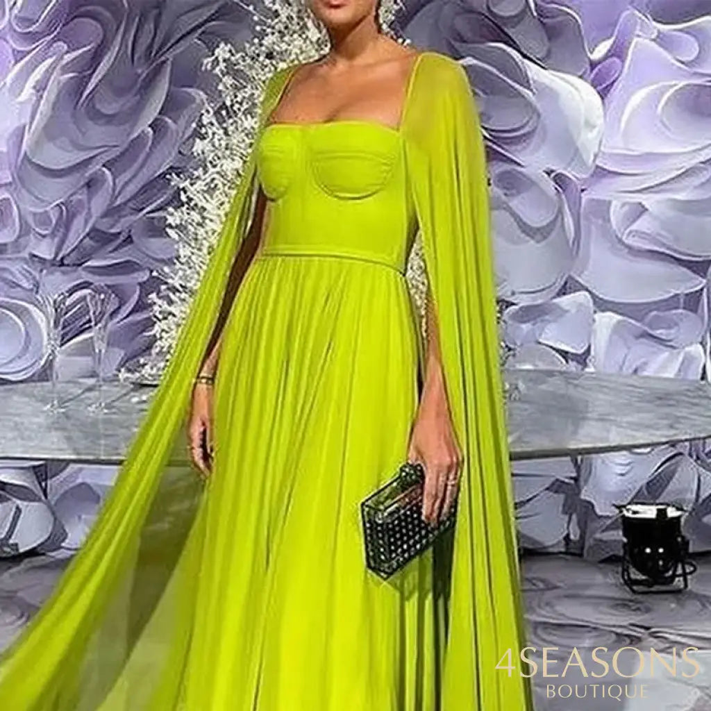 Wefads Maxi Dress Women Elegant Fashion Solid Cape Long Sleeve Square Neck Nipped Waist Backless