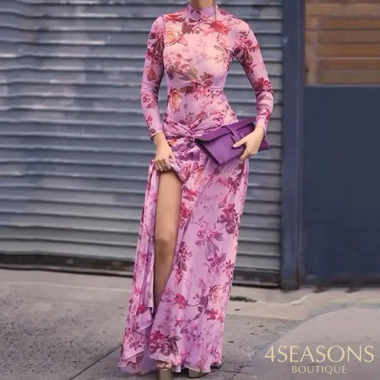 Ellafads Women Autumn Long Dress Printed Turtleneck Long Sleeve Nipped Waist Twist-Knot Slit Pleated Irregular Dress