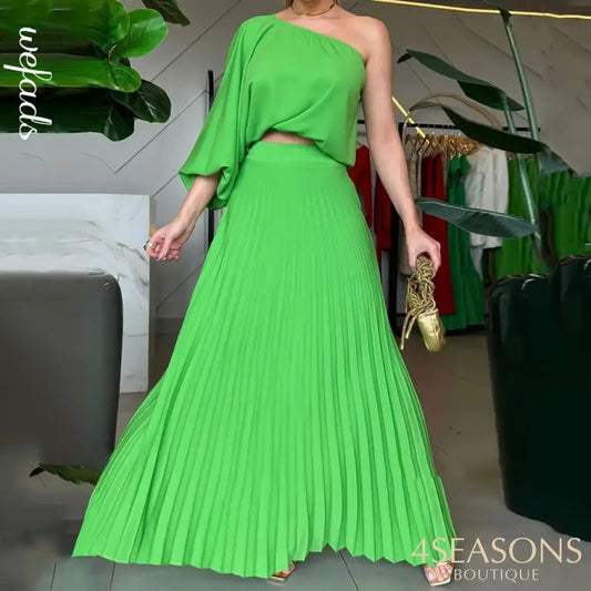 Wefads Women 2 Piece Set Elegant Solid One Shoulder Irregular Lantern Sleeve High Waist Pullover