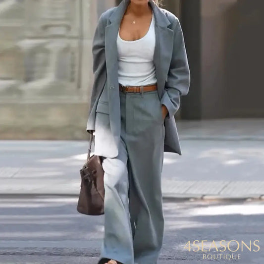 Wefads Women Two Piece Set Autumn Office Casual Long Sleeve Lapel Solid Single Button Elastic Waist