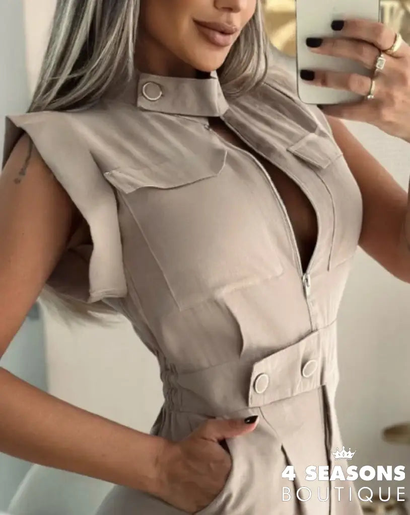 Sexy Elegant Round Neck Sleeveless Ruched Romper Zipper Pocket Design Jumpsuit New Fashion 2025