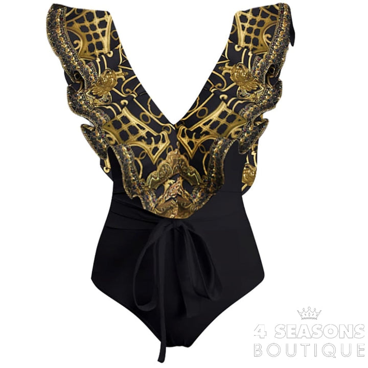 Sleeveless Ruffle V-Neck Printed Swimsuit Sexy Slim Fit Backless One Piece Bikini Chiffon Beach