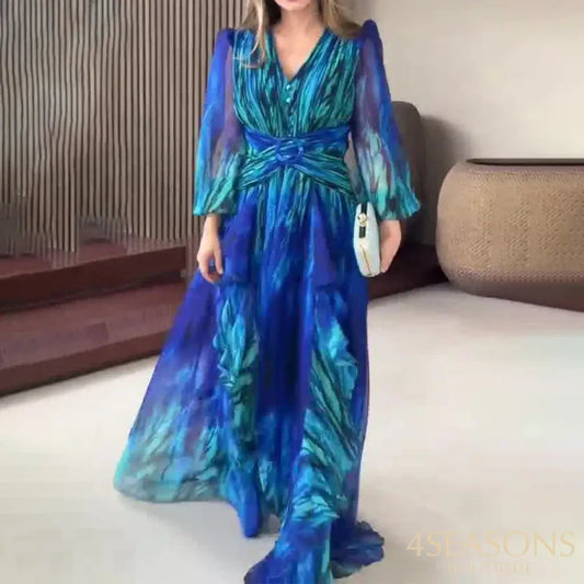 Women Chic Cross Waisted Party Evening Dress 2024 Elegant V-Nek Long Sleeve French Retro Pleat